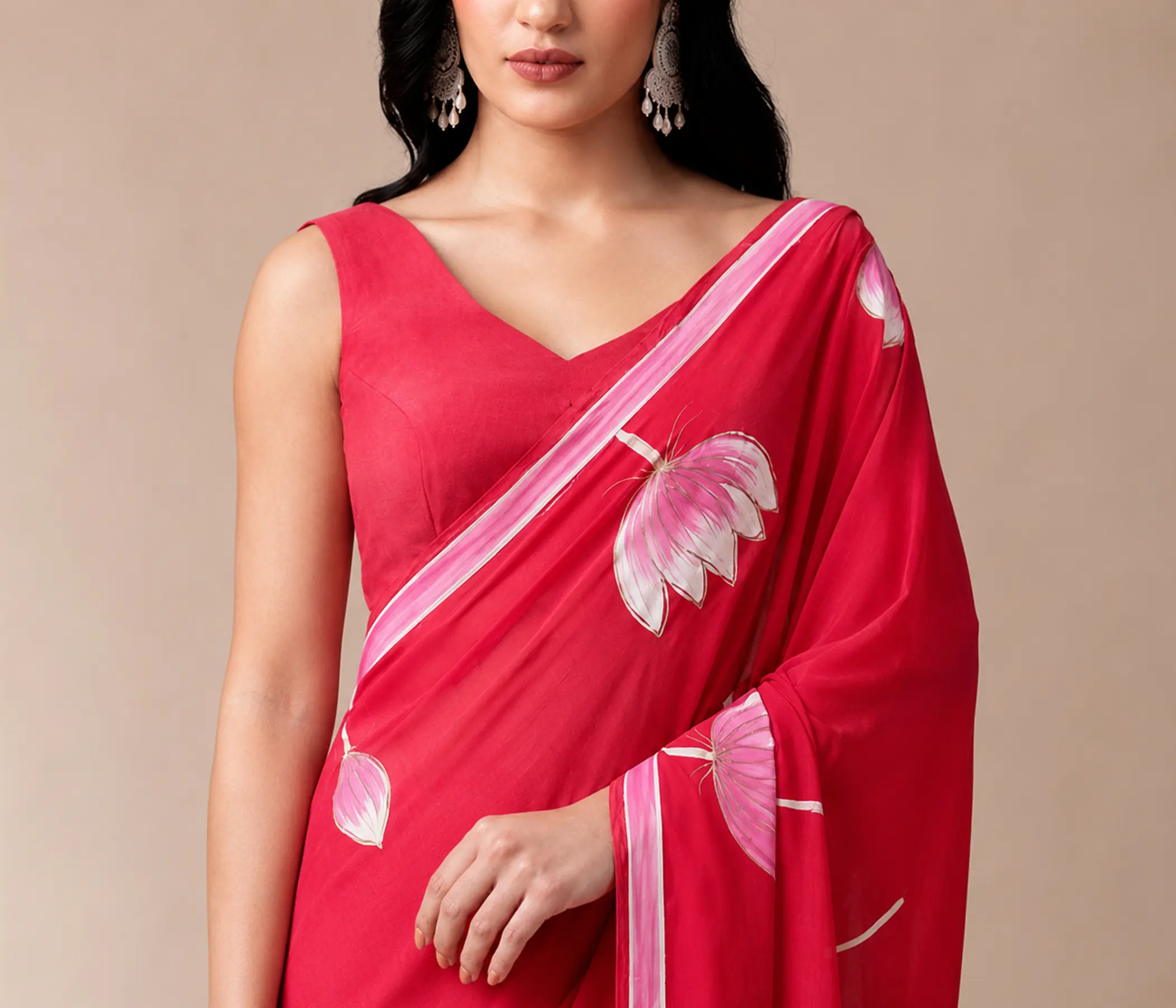 Hand-Painted Fuchsia Pink Chiffon Saree with White & Pink Lotus Motifs